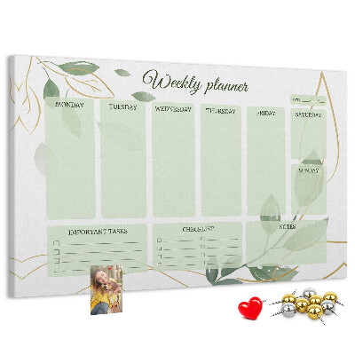 Tablica korkowa ozdobna Zielony planner tygodniowy z roślinnymi akcentami