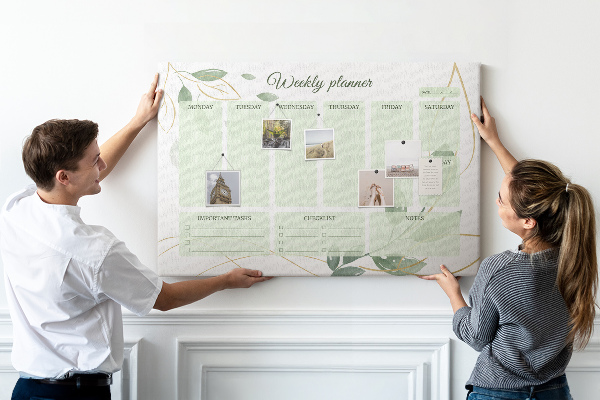 Tablica korkowa ozdobna Zielony planner tygodniowy z roślinnymi akcentami