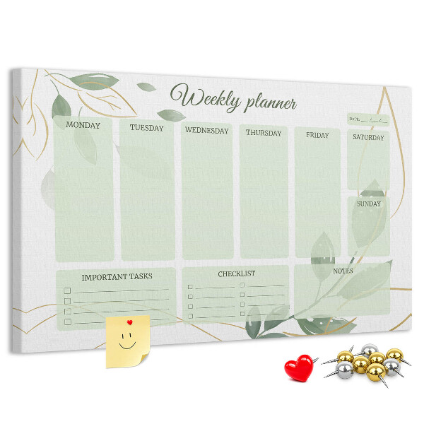 Tablica korkowa ozdobna Zielony planner tygodniowy z roślinnymi akcentami