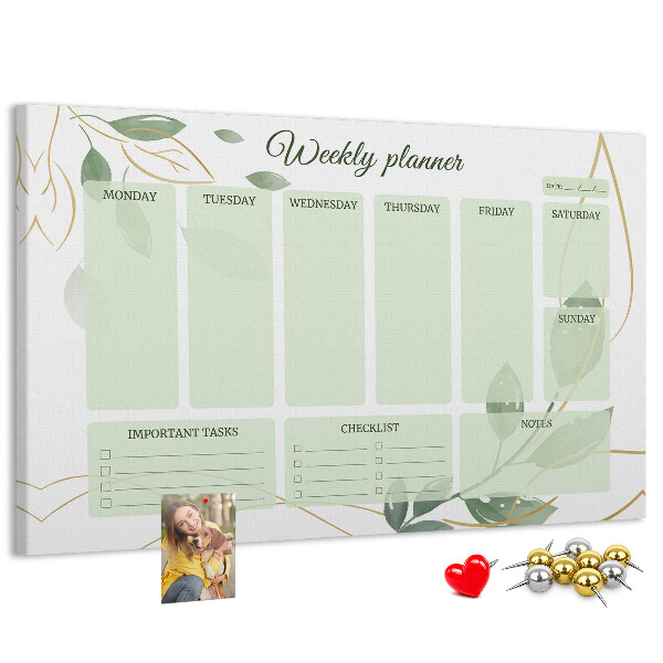 Tablica korkowa ozdobna Zielony planner tygodniowy z roślinnymi akcentami