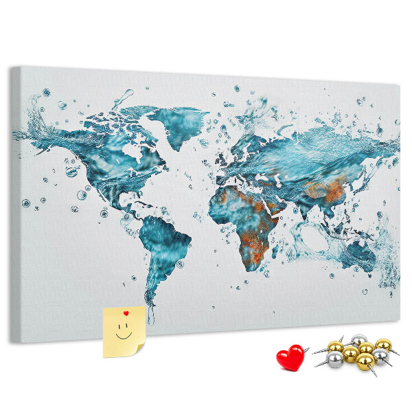 Tablica korkowa z nadrukiem Mapa świata w wodnych odcieniach.