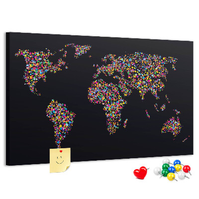Tablica korkowa z nadrukiem Kolorowa mapa świata z serduszkami