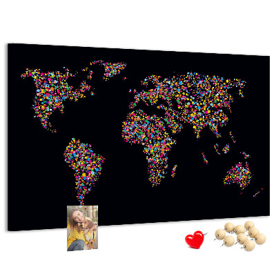 Tablica korkowa z nadrukiem Kolorowa mapa świata z serduszkami