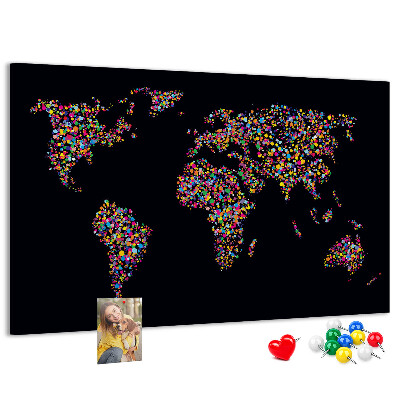 Tablica korkowa z nadrukiem Kolorowa mapa świata z serduszkami