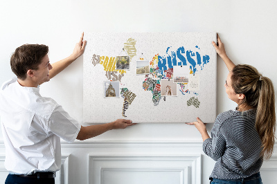 Tablica korkowa z nadrukiem Mapa świata z nazwami krajów.