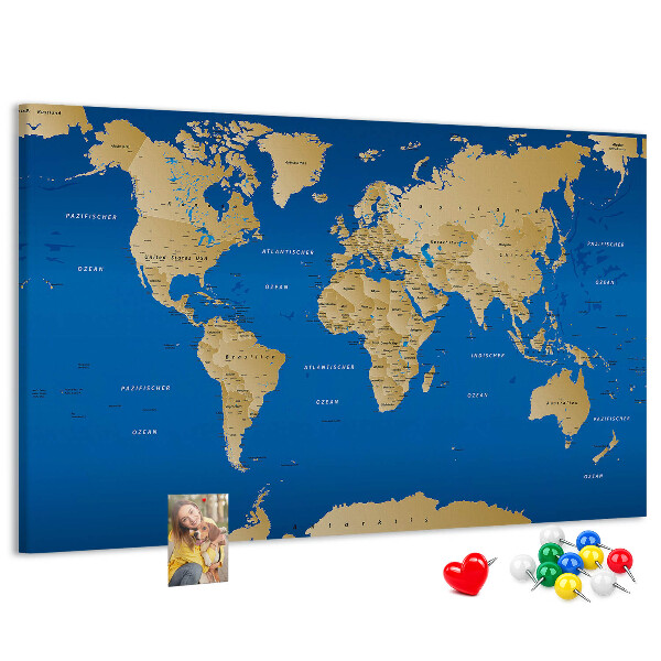 Tablica korkowa Mapa świata z kolorowymi pinezkami