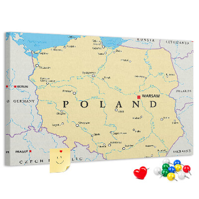 Tablica korkowa z nadrukiem Mapa Polski z zaznaczoną Warszawą
