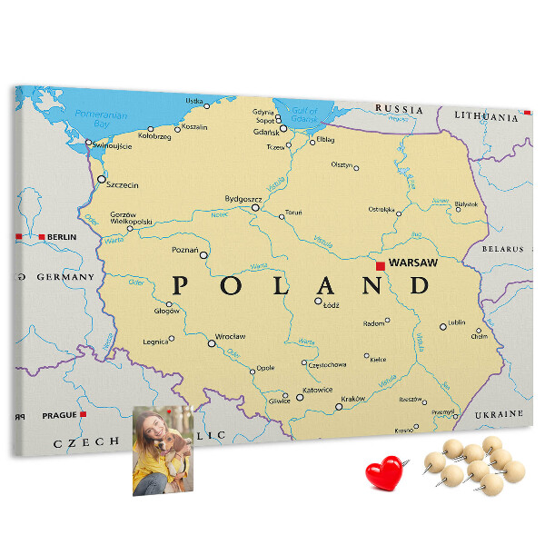 Tablica korkowa z nadrukiem Mapa Polski z zaznaczoną Warszawą