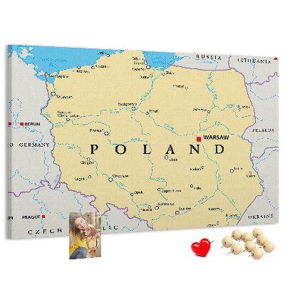 Tablica korkowa z nadrukiem Mapa Polski z zaznaczoną Warszawą