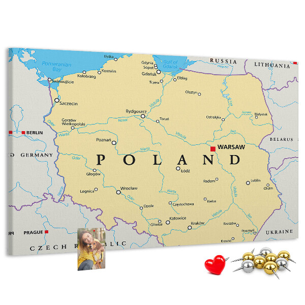 Tablica korkowa z nadrukiem Mapa Polski z zaznaczoną Warszawą