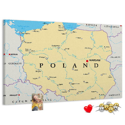 Tablica korkowa z nadrukiem Mapa Polski z zaznaczoną Warszawą