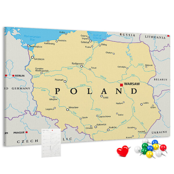 Tablica korkowa z nadrukiem Mapa Polski z zaznaczoną Warszawą