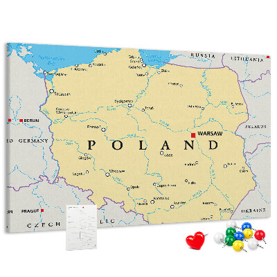 Tablica korkowa z nadrukiem Mapa Polski z zaznaczoną Warszawą