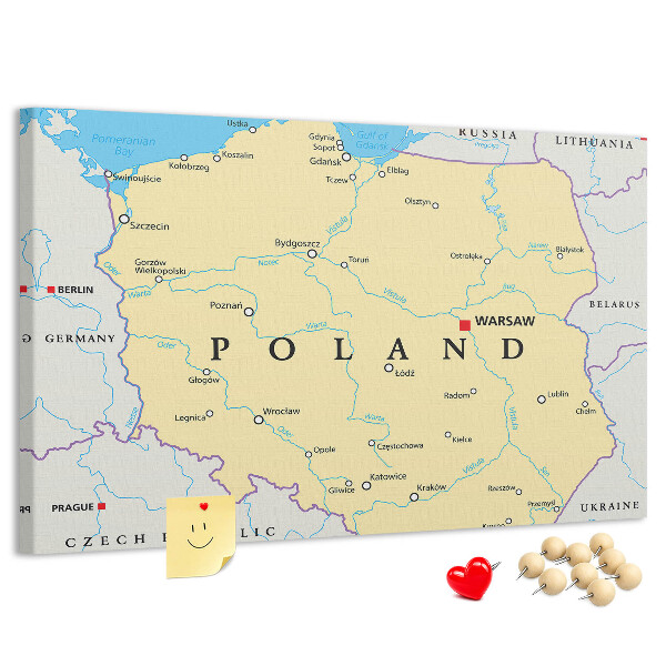 Tablica korkowa z nadrukiem Mapa Polski z zaznaczoną Warszawą