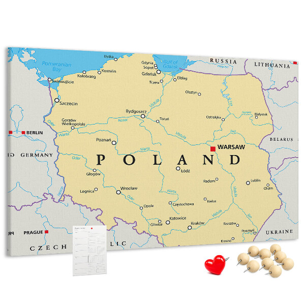 Tablica korkowa z nadrukiem Mapa Polski z zaznaczoną Warszawą