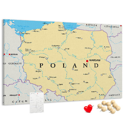 Tablica korkowa z nadrukiem Mapa Polski z zaznaczoną Warszawą