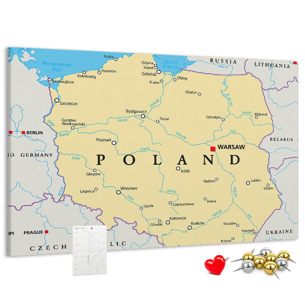 Tablica korkowa z nadrukiem Mapa Polski z zaznaczoną Warszawą