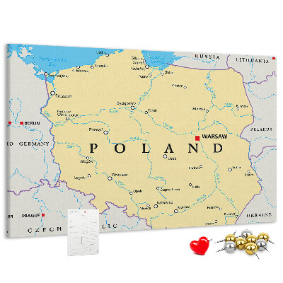Tablica korkowa z nadrukiem Mapa Polski z zaznaczoną Warszawą
