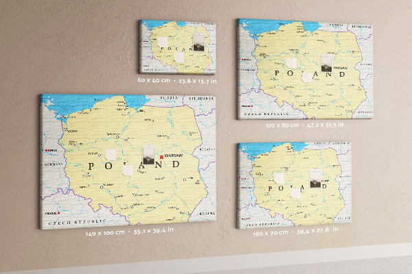 Tablica korkowa z nadrukiem Mapa Polski z zaznaczoną Warszawą
