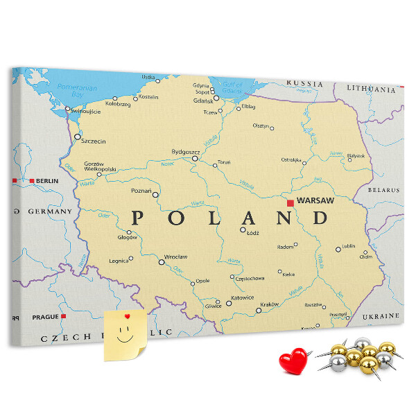Tablica korkowa z nadrukiem Mapa Polski z zaznaczoną Warszawą