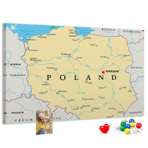 Tablica korkowa z nadrukiem Mapa Polski z zaznaczoną Warszawą