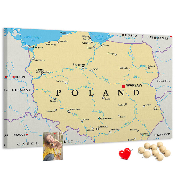 Tablica korkowa z nadrukiem Mapa Polski z zaznaczoną Warszawą