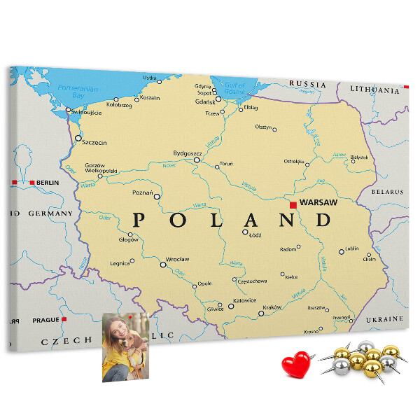 Tablica korkowa z nadrukiem Mapa Polski z zaznaczoną Warszawą