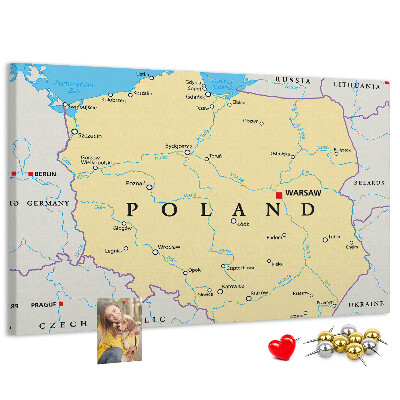 Tablica korkowa z nadrukiem Mapa Polski z zaznaczoną Warszawą
