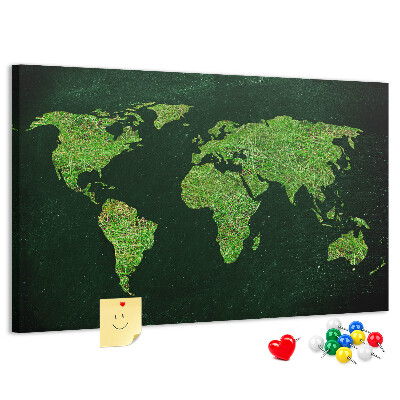 Tablica korkowa Zielona mapa świata z siecią dróg