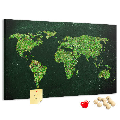 Tablica korkowa Zielona mapa świata z siecią dróg
