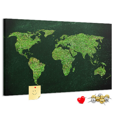 Tablica korkowa Zielona mapa świata z siecią dróg