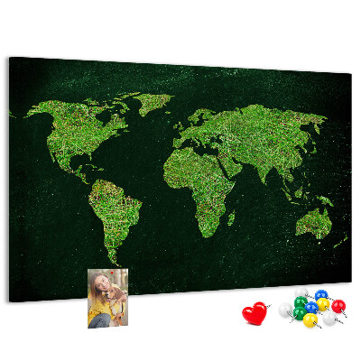 Tablica korkowa Zielona mapa świata z siecią dróg