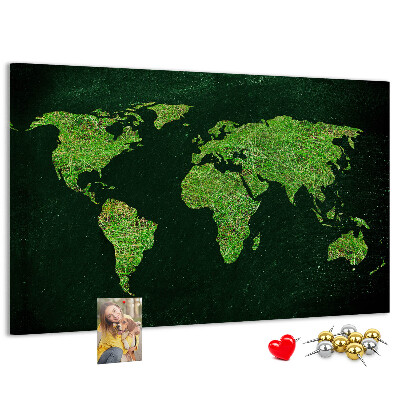 Tablica korkowa Zielona mapa świata z siecią dróg