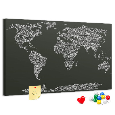 Tablica korkowa z nadrukiem Mapa świata w formie tekstu.