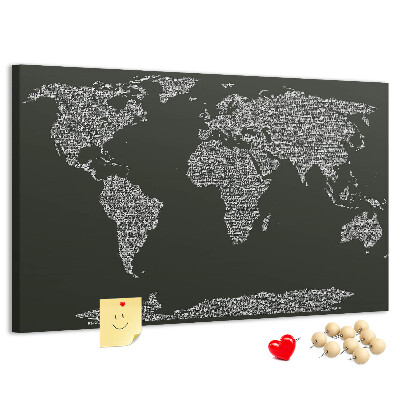 Tablica korkowa z nadrukiem Mapa świata w formie tekstu.