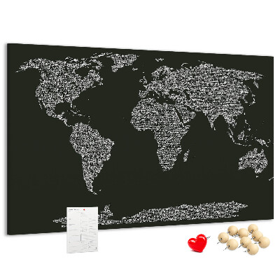 Tablica korkowa z nadrukiem Mapa świata w formie tekstu.