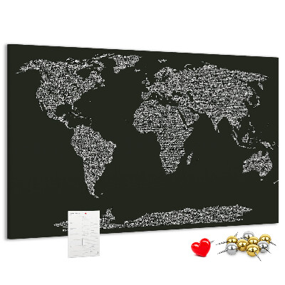 Tablica korkowa z nadrukiem Mapa świata w formie tekstu.