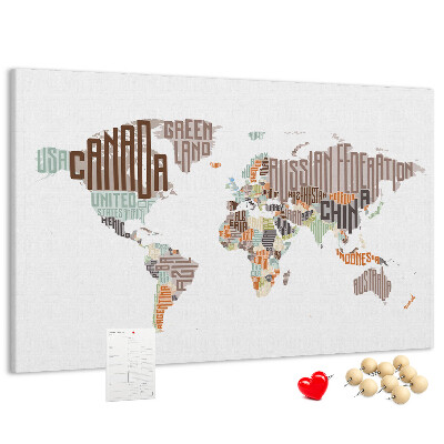 Tablica korkowa Mapa świata z nazwami krajów.
