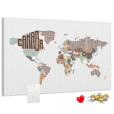 Tablica korkowa Mapa świata z nazwami krajów.