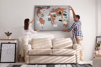 Tablica korkowa z nadrukiem Mapa świata na tle ceglanej ściany
