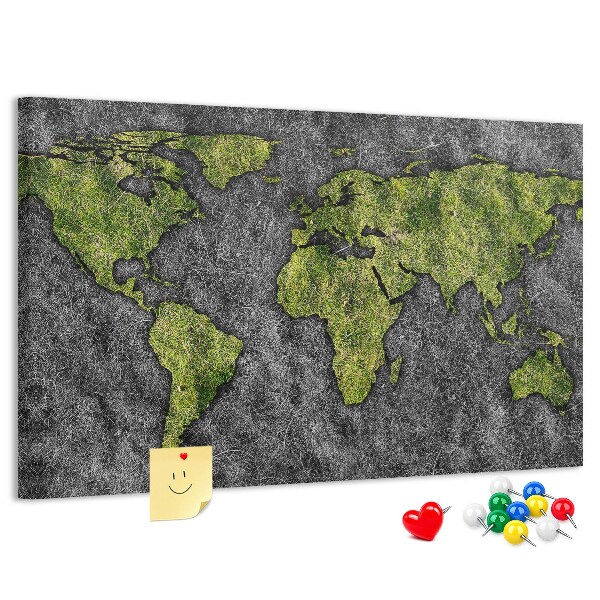 Tablica korkowa z nadrukiem Zielona mapa świata na szarym tle