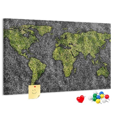 Tablica korkowa z nadrukiem Zielona mapa świata na szarym tle
