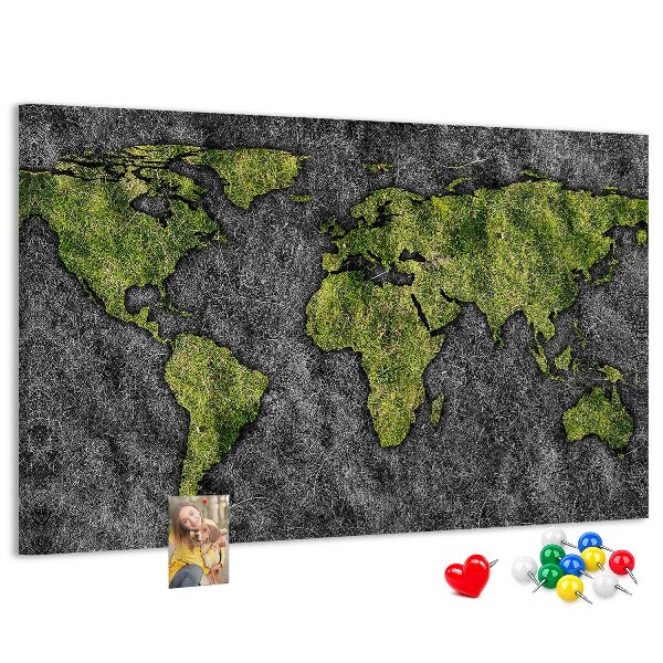 Tablica korkowa z nadrukiem Zielona mapa świata na szarym tle