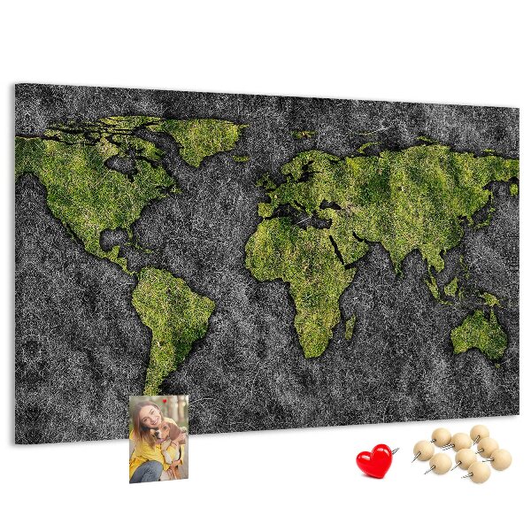 Tablica korkowa z nadrukiem Zielona mapa świata na szarym tle
