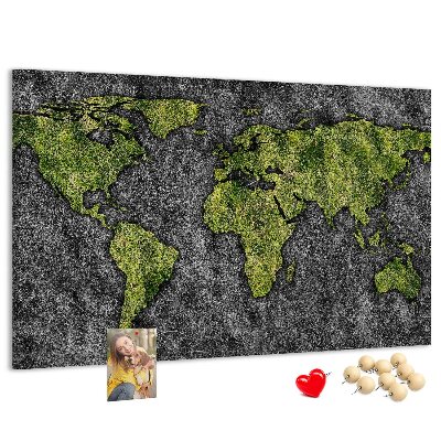 Tablica korkowa z nadrukiem Zielona mapa świata na szarym tle