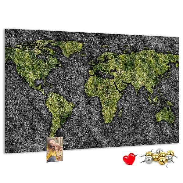 Tablica korkowa z nadrukiem Zielona mapa świata na szarym tle