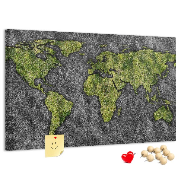 Tablica korkowa z nadrukiem Zielona mapa świata na szarym tle