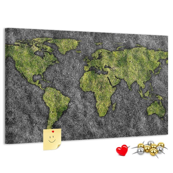 Tablica korkowa z nadrukiem Zielona mapa świata na szarym tle