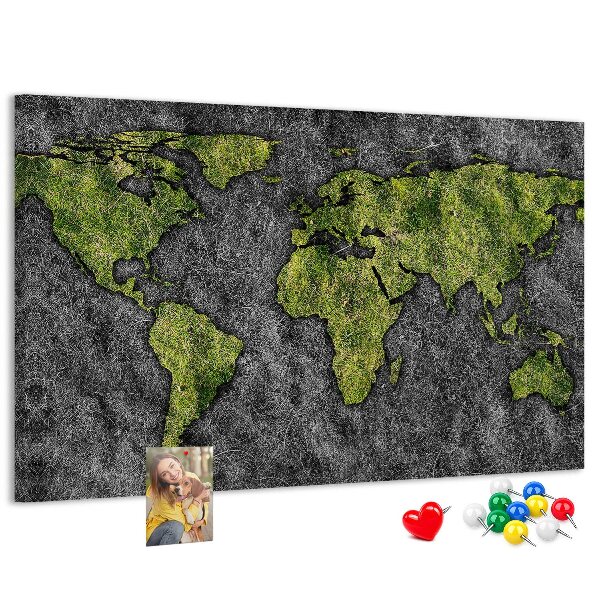 Tablica korkowa z nadrukiem Zielona mapa świata na szarym tle