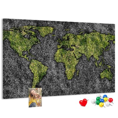 Tablica korkowa z nadrukiem Zielona mapa świata na szarym tle